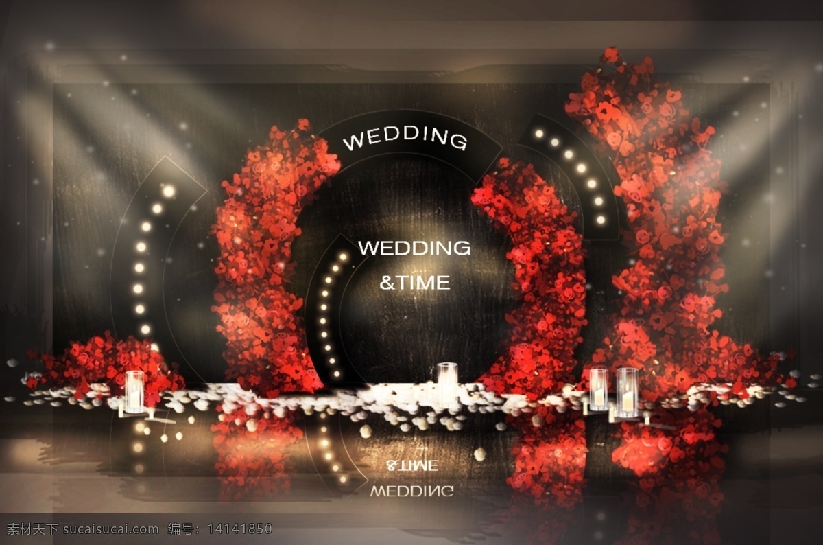 红 黑 婚礼 合影 区 效果图 花瓣 灯 蜡烛 黑色婚礼 红色婚礼 半圆 婚礼合影区 婚礼效果图