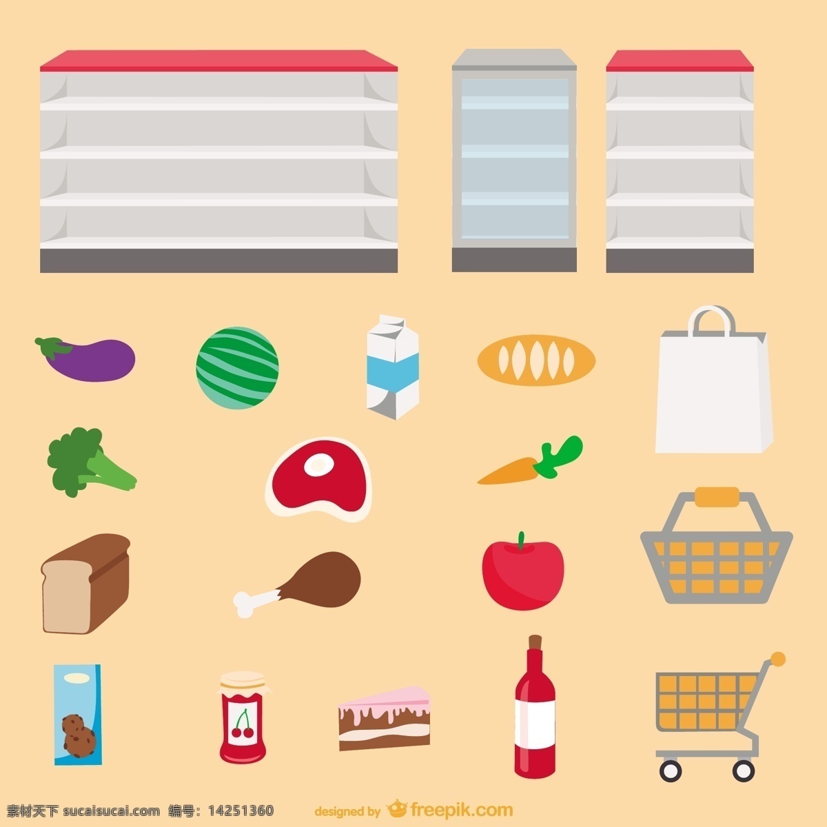 超市货架 食物 矢量 超市 购物车 购物袋 胡萝卜 货架 面包 牛奶 苹果 矢量图 蔬菜 水果 其他矢量图
