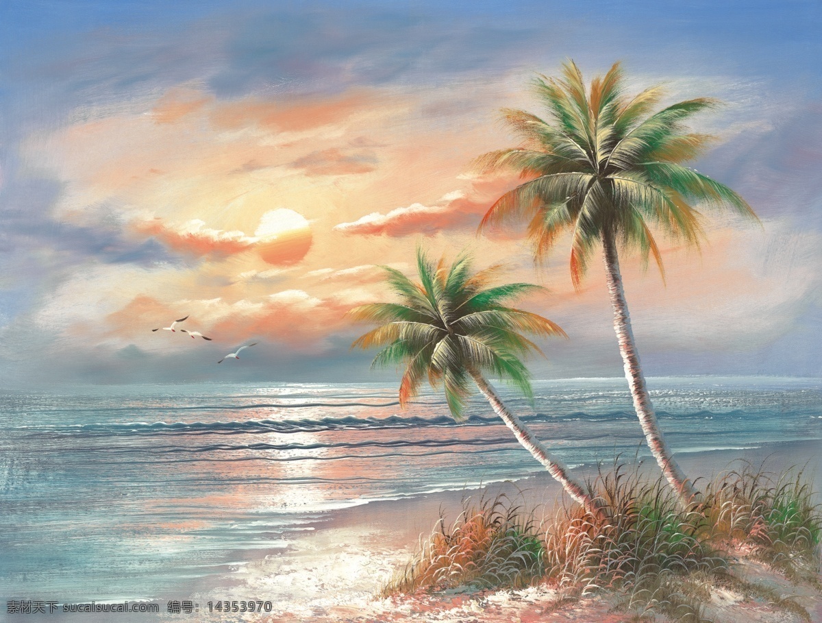 油画展示 油画 展示 大图 高清 海边 沙滩 树 天空 灰色