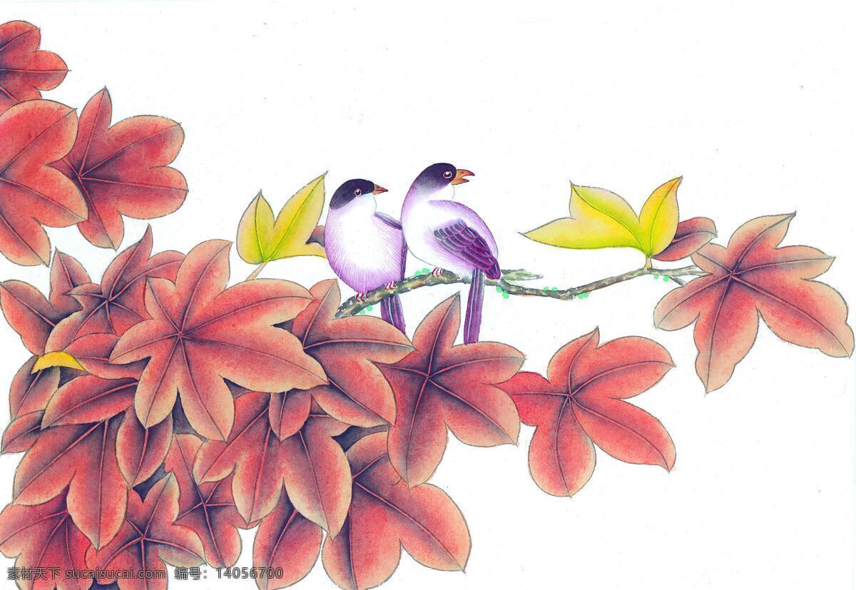 植物 叶子 两 只 鸟 水墨画 中国画 中国艺术 绘画艺术 国画 装饰画 中堂画 书画 文化艺术 书画文字