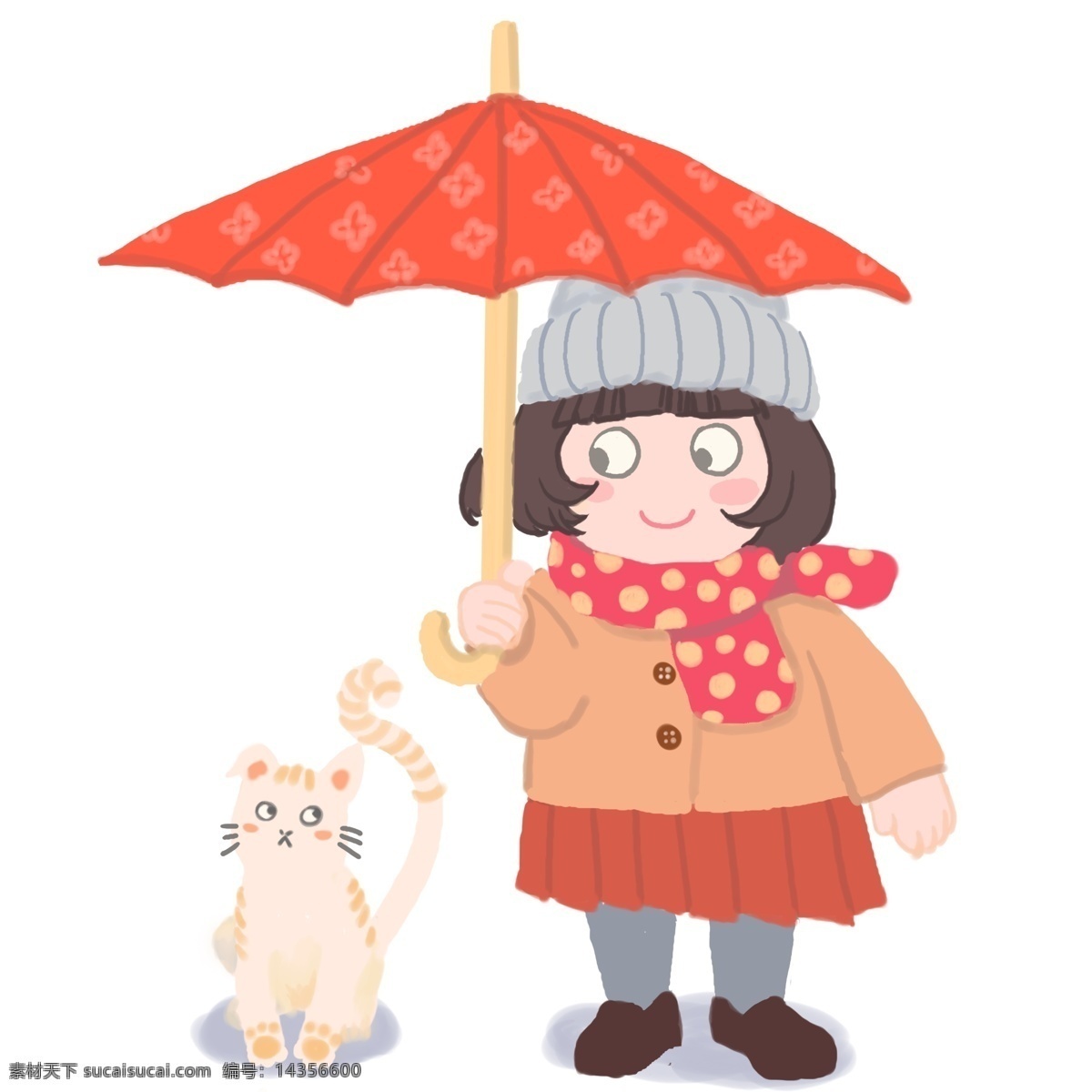 打着 雨伞 小 猫咪 一起 小女孩 红色 围巾 卡通 小清新 小猫咪 裙子 屋子 棉鞋 棕色头发
