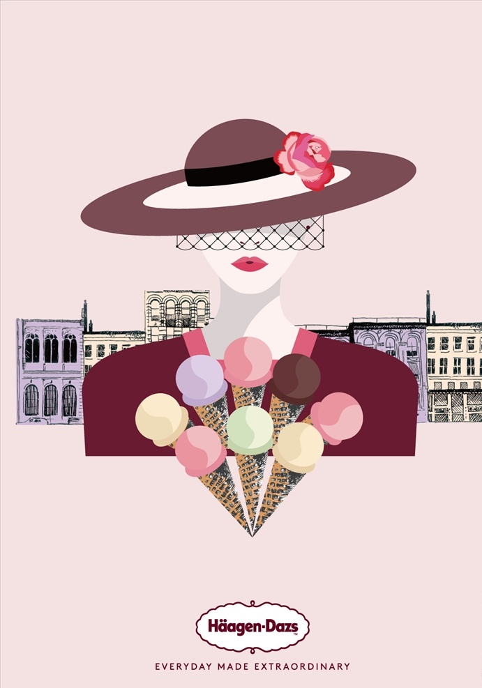 哈根达斯 压缩大礼包 冰淇淋 卡通女士 欧式建筑 草莓味 抹茶味 电影院 影城素材