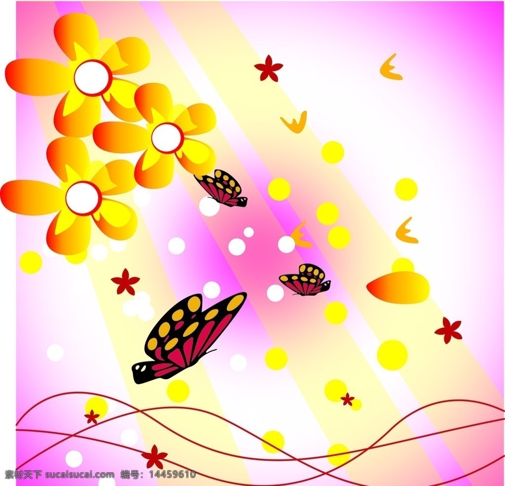 蝴蝶 黄色花 花 线条 粉红色背景 圆圈 矢量图 花纹花边 底纹边框 矢量