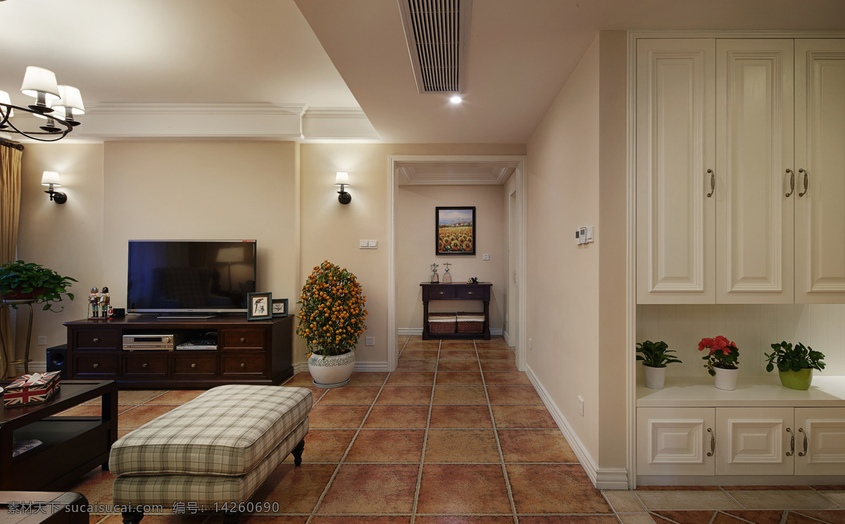 田园 温馨 客厅 黄褐色 地板 室内装修 效果图 格子凳子 客厅装修
