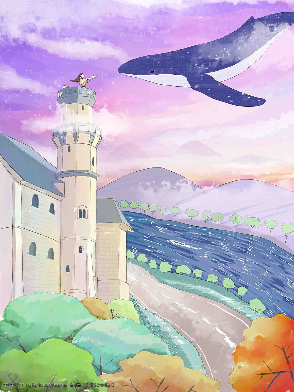 鲸鱼女孩插画 山 城堡 治愈 彩色