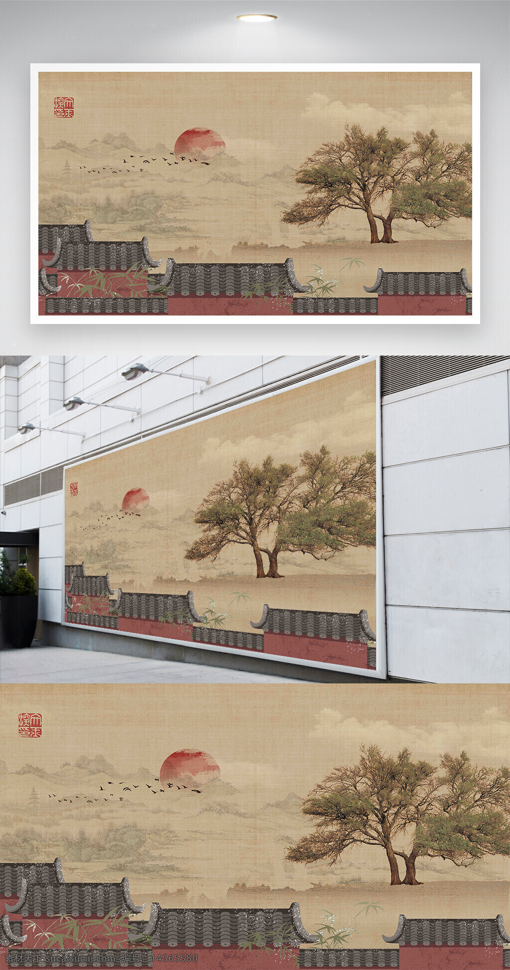 中式复古装饰背景墙 山水 树 建筑 屋檐 飞鸟 中式 装饰