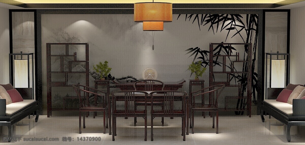 茶室 整体 场景 模型 茶桌 3d 模板 罗汉床 条案 花几 建模