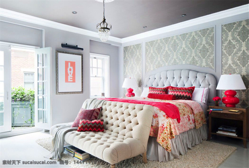 简约 卧室 壁画 装修 效果图 窗户 床铺 床头柜 灰色地板砖 灰色地毯 台灯