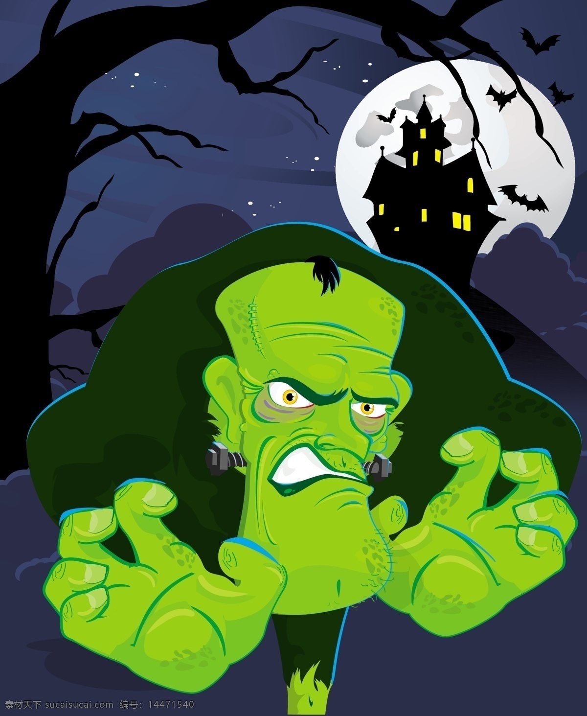 卡通 万圣节 怪物 插画 矢量 城堡 蝙蝠 矢量节日 绿色