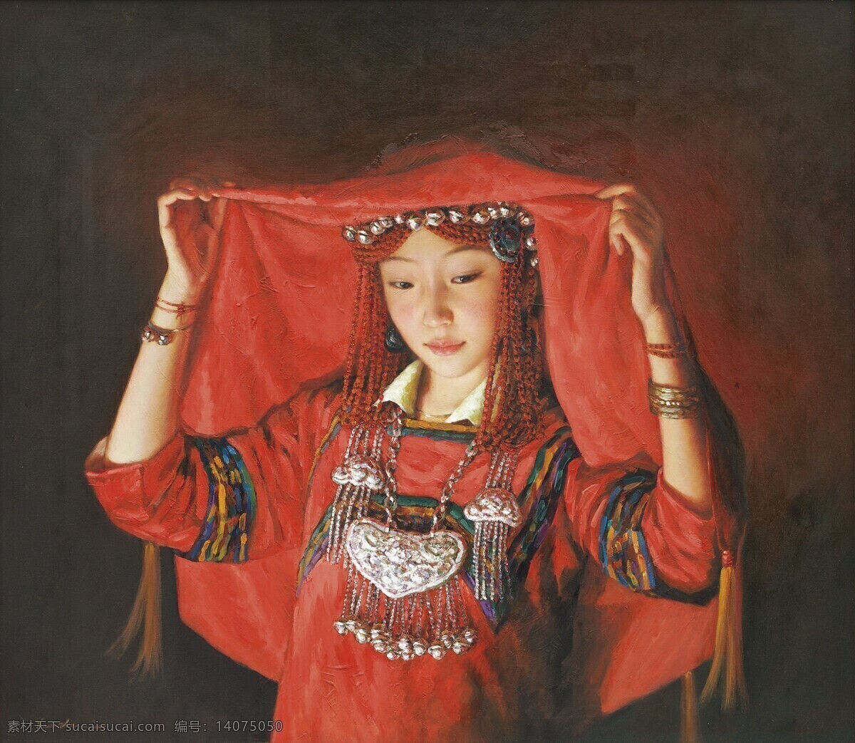 姑娘 红盖头 绘画书法 文化艺术 油画 新嫁娘 设计素材 模板下载 中国少数民族 出嫁 中国现代艺术