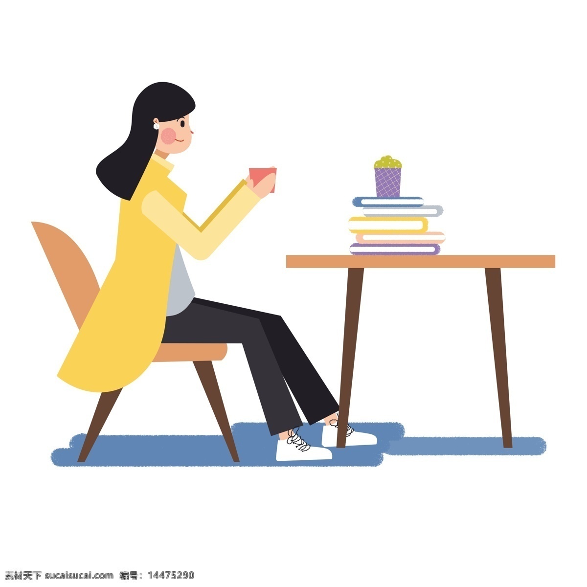 手绘 卡通 女孩 坐在 办公桌 喝水 原创 元素 商务 教师 扁平 黄色 原创元素 设计元素