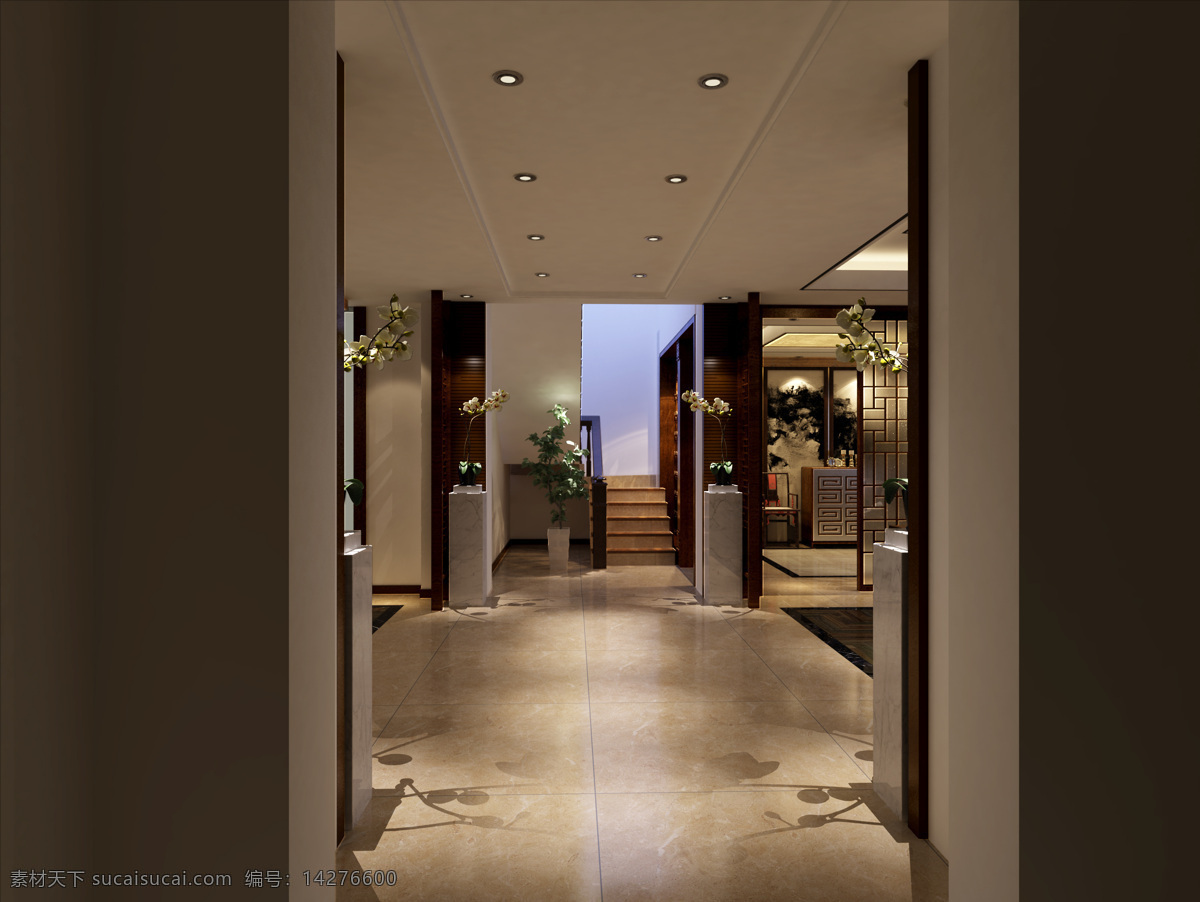 中式 玄关 效果图 客厅 空间 家居装饰素材 室内设计