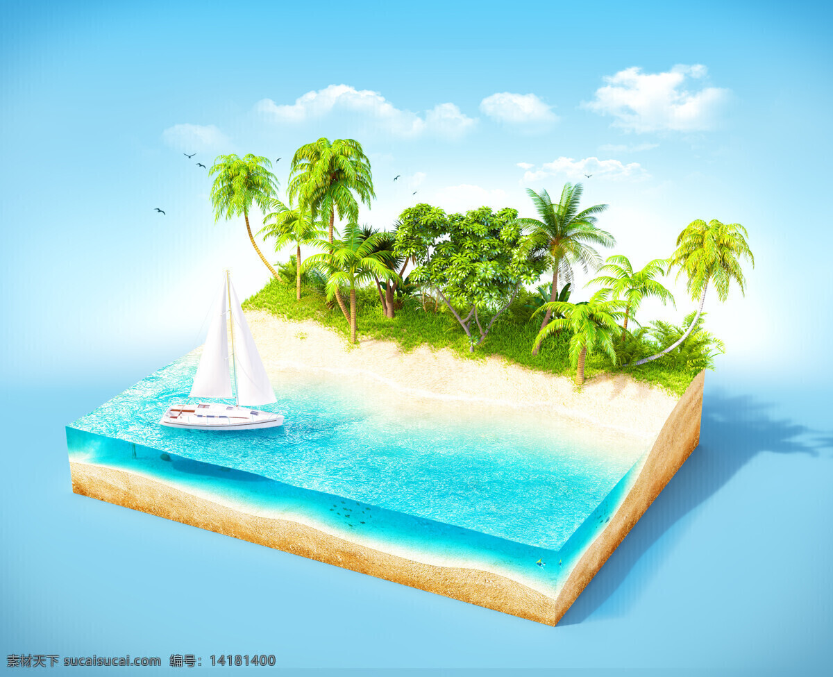 创意 夏日 海滩 旅行 帆船 海洋风景 大海风景 沙滩 椰树 旅游 旅行主题 旅游素材 自然风景 其他类别 生活百科