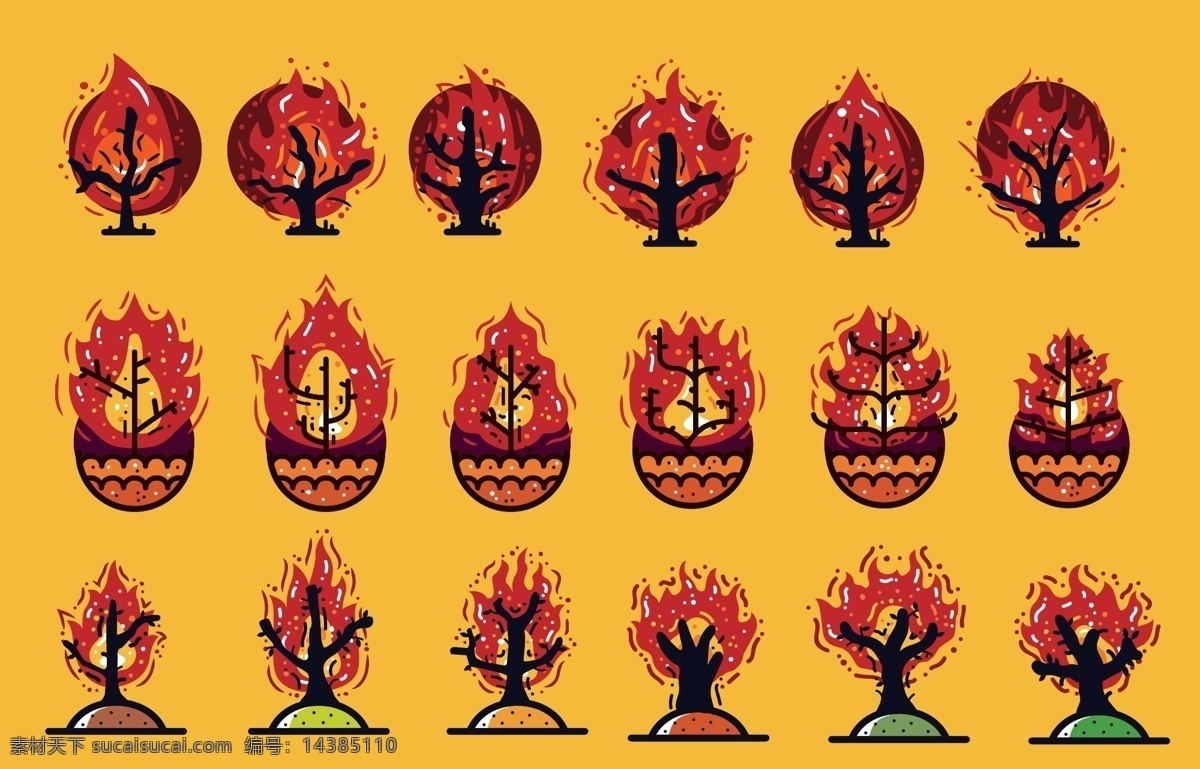 卡通 红色 火焰 树木 图标 大火 红火 火 可爱 燃烧的书 树 树枝 着火的树