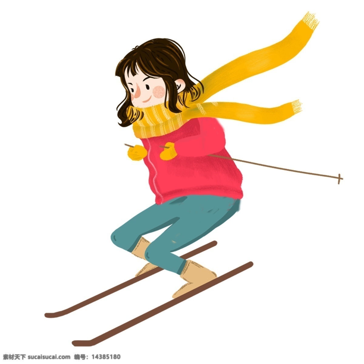 手绘 卡通 女孩 滑雪 原创 元素 运动 休闲 围巾 原创元素 设计元素