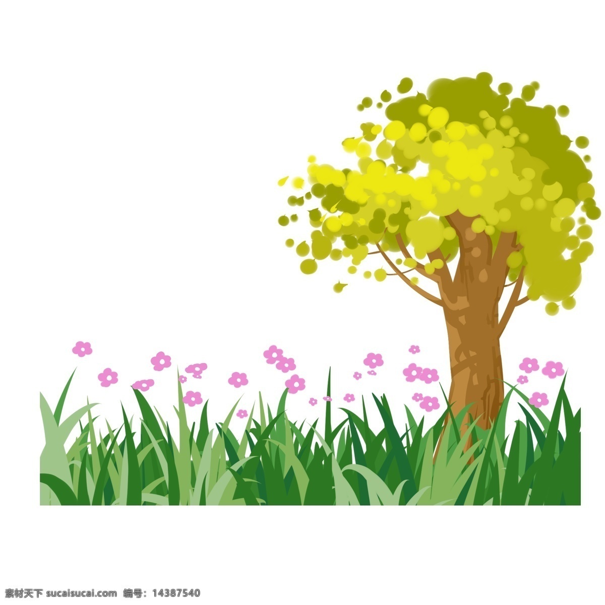 春天 树木 发芽 插画 发芽的树木 卡通插画 美丽的喇叭花 春天插画 春季插画 节气 四季 春天来了