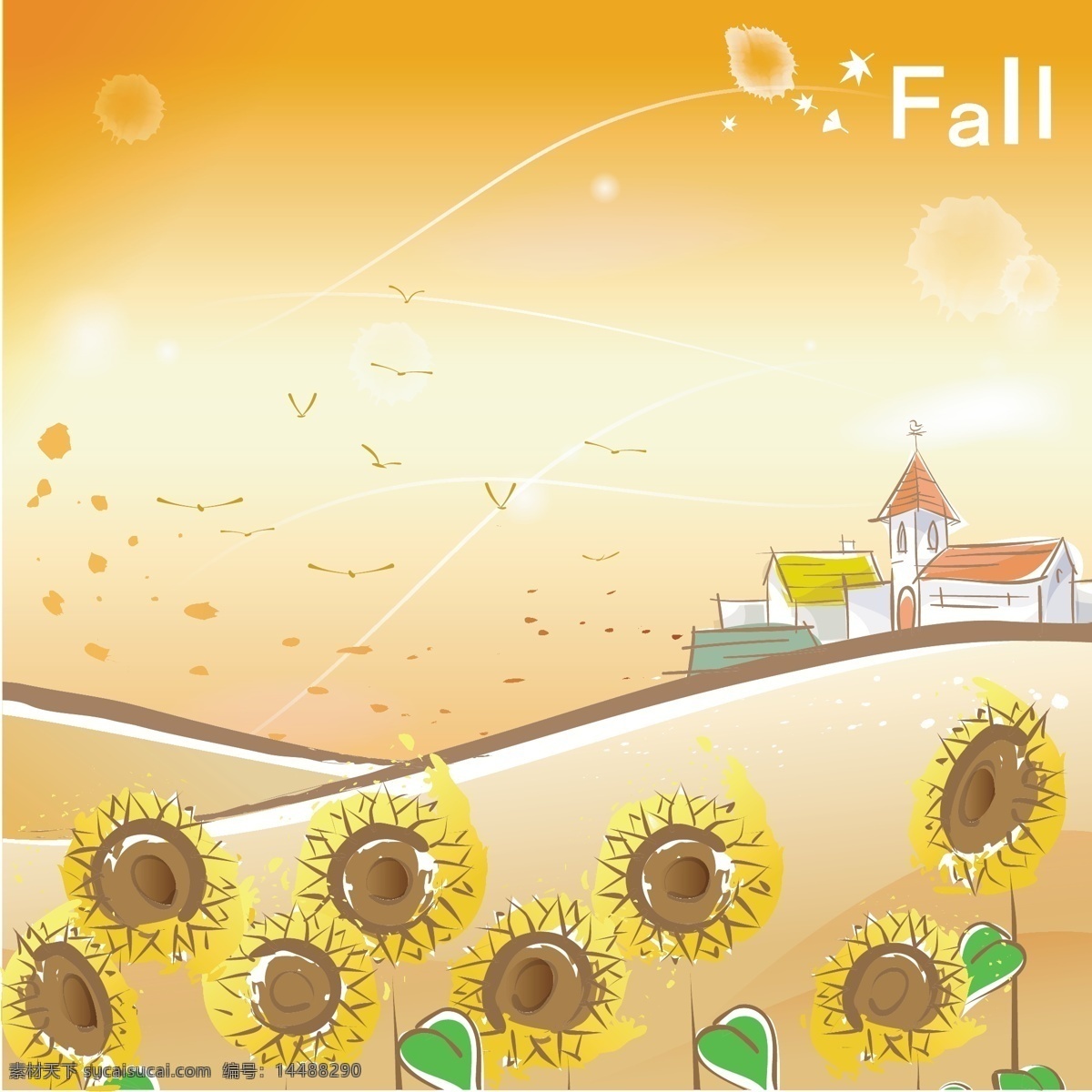 秋天 向日葵 背景 房子 卡通 落日 蜻蜓 夕阳 矢量图