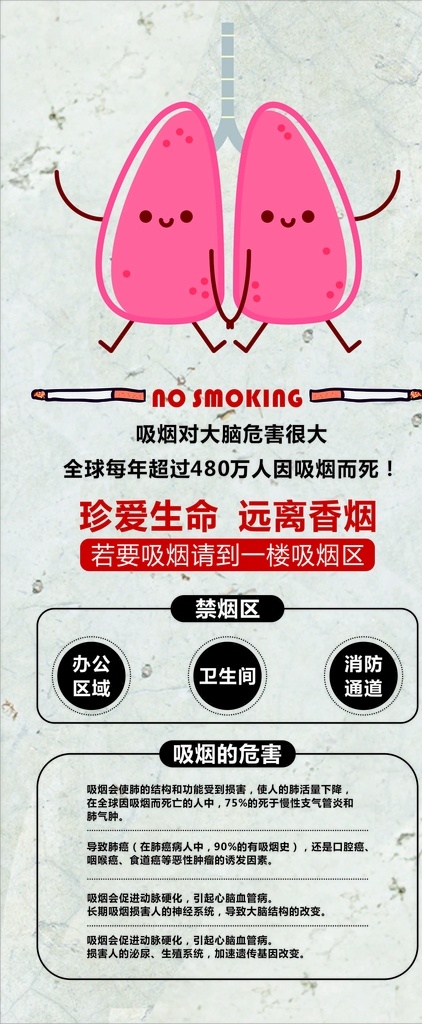 禁止吸烟 吸烟的危害 卡通肺 卡通吸烟 珍爱生命 远离香烟 纸纹背景 吸烟展架