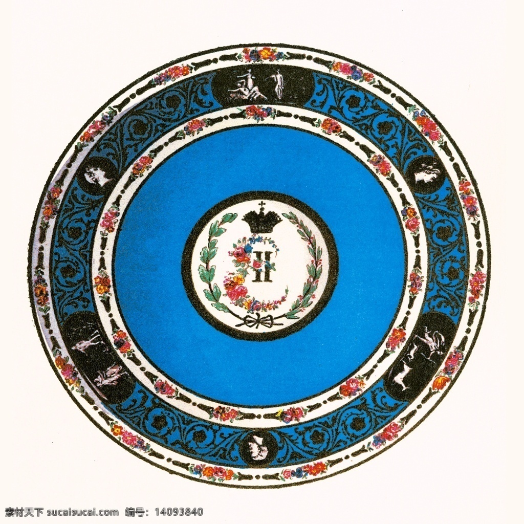 蓝色 花纹 圆形 瓷器 古典 装饰 盘子