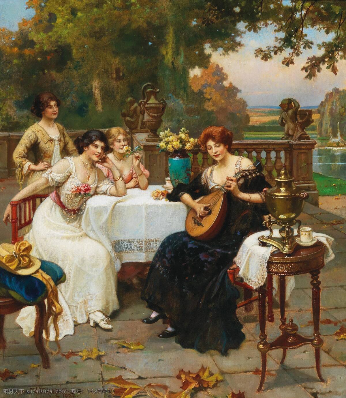 威廉183 门兹勒作品 德国画家 贵族女性 弹吉他 倾听 19世纪油画 油画 文化艺术 绘画书法