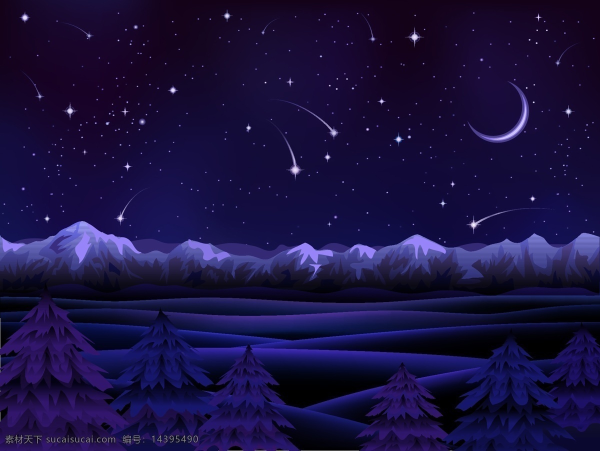 矢量 山脉 中 夜景 湖光山色 流星 森林 矢量素材 雪山 夜晚 矢量图 其他矢量图